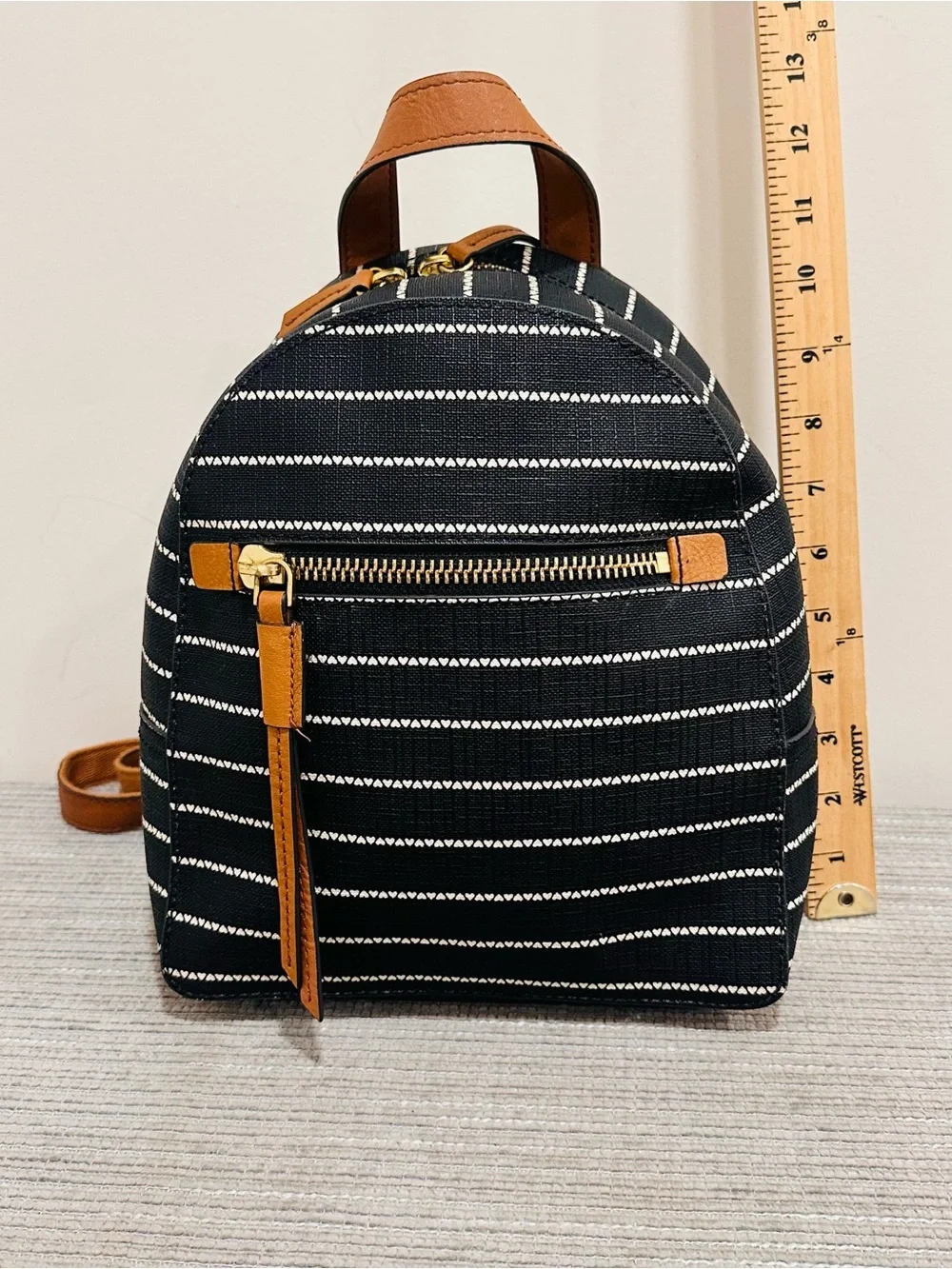 Fossil Megan Mini Backpack Black Striped Canvas Tan Leather Trim